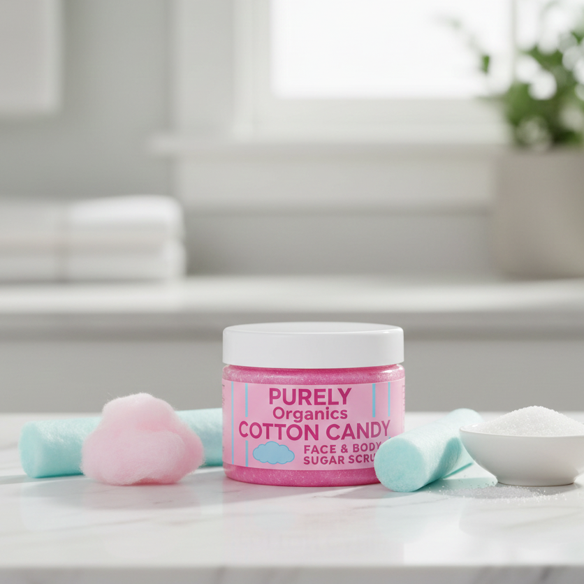 Purely Organics Cotton Candy Face And Body Sugar Scrub Providing Brightening Glow Tan Removal Blackhead Care Pigmentation - 100g